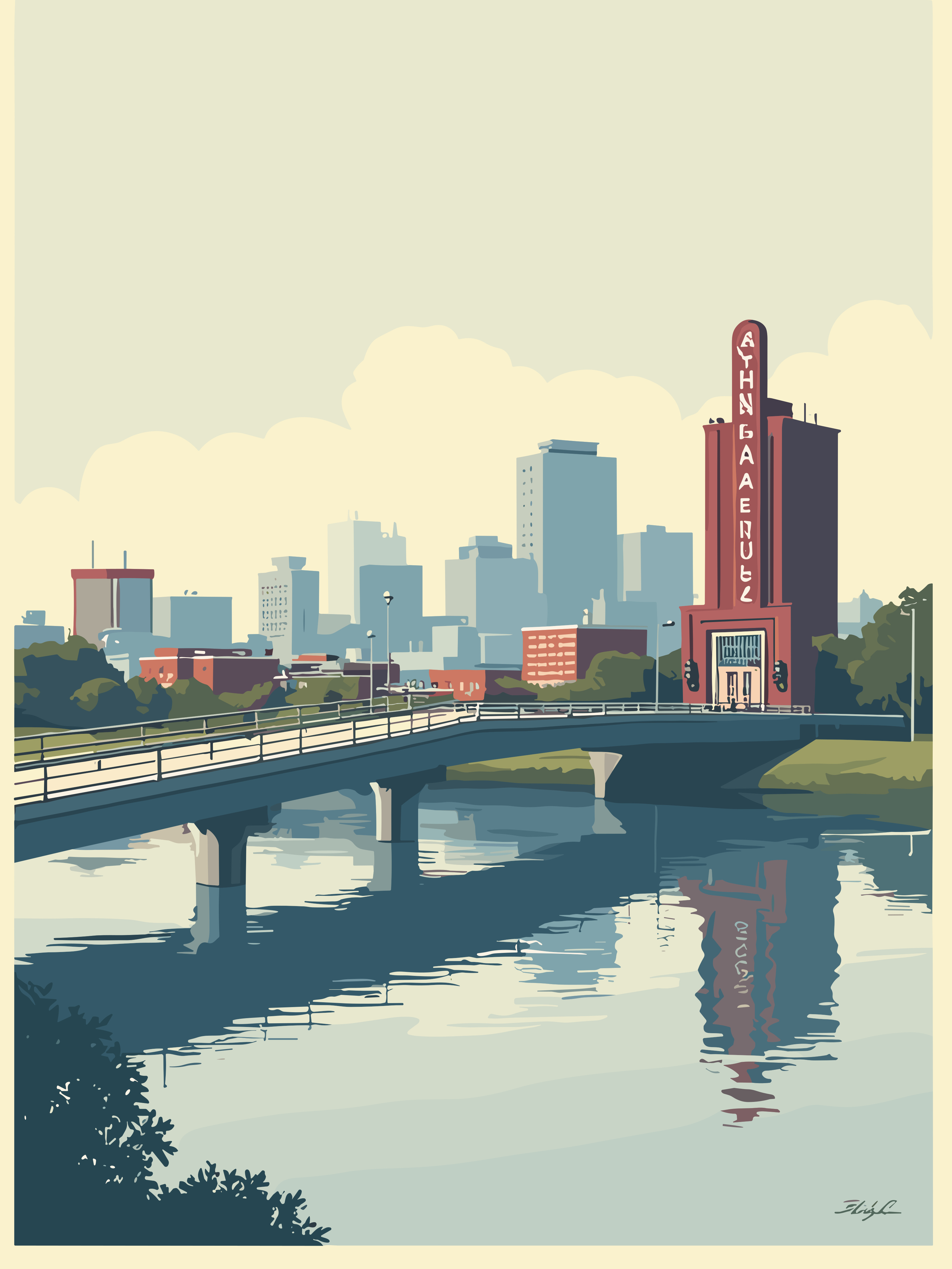 Omaha’s Bob Kerrey Pedestrian Bridge curving elegantly over the Missouri River with people walking and biking at sunset, modern flat illustration