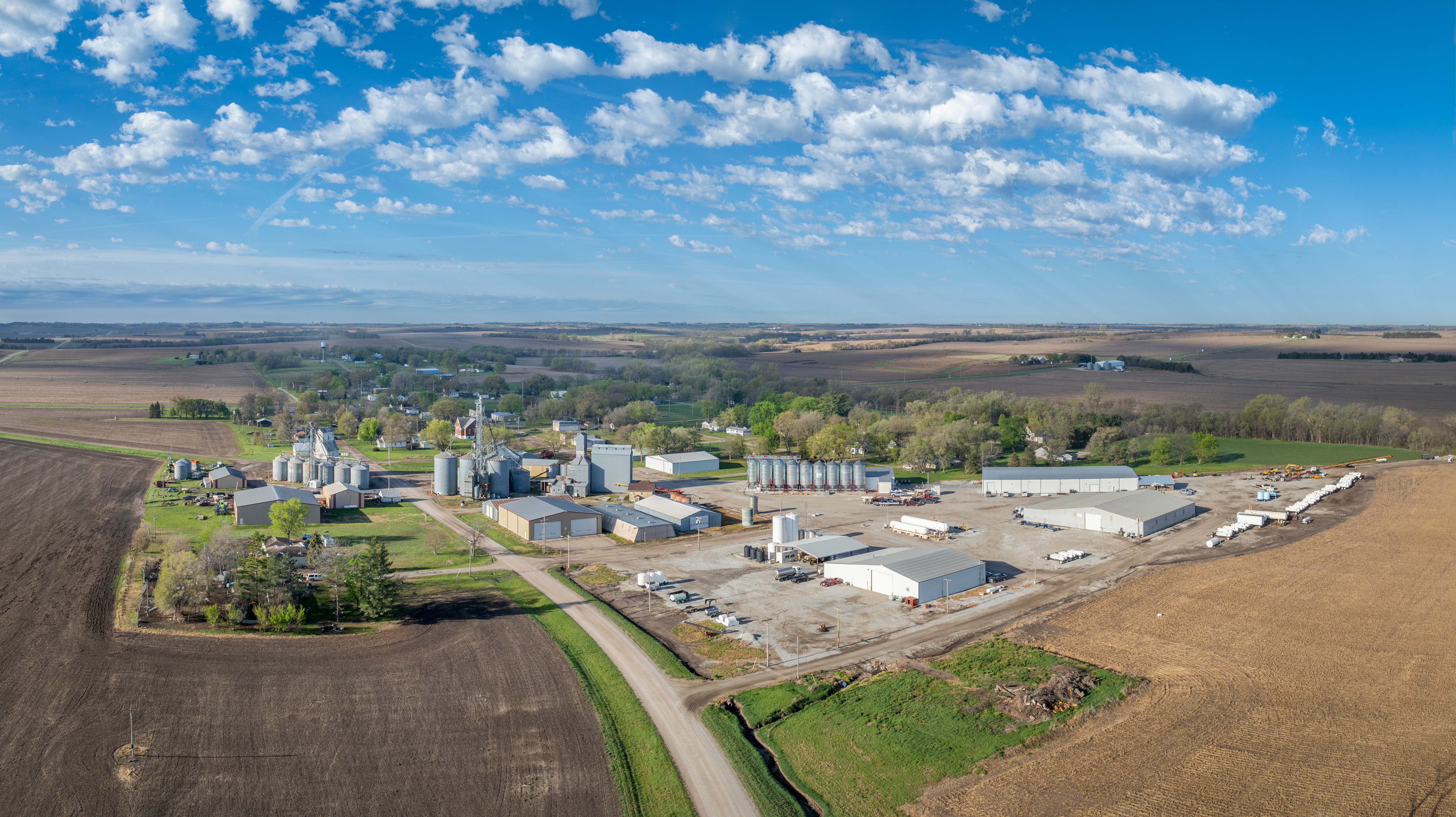 aerial panorama of Brock, village in Nemaha County, Nebraska, early spring scenery