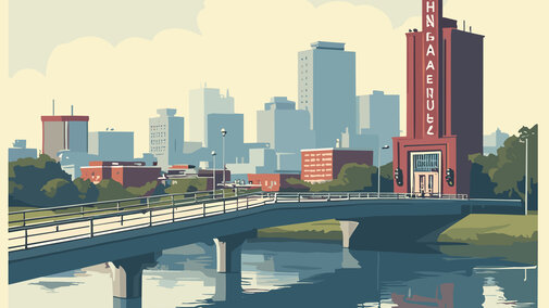 Omaha’s Bob Kerrey Pedestrian Bridge curving elegantly over the Missouri River with people walking and biking at sunset, modern flat illustration